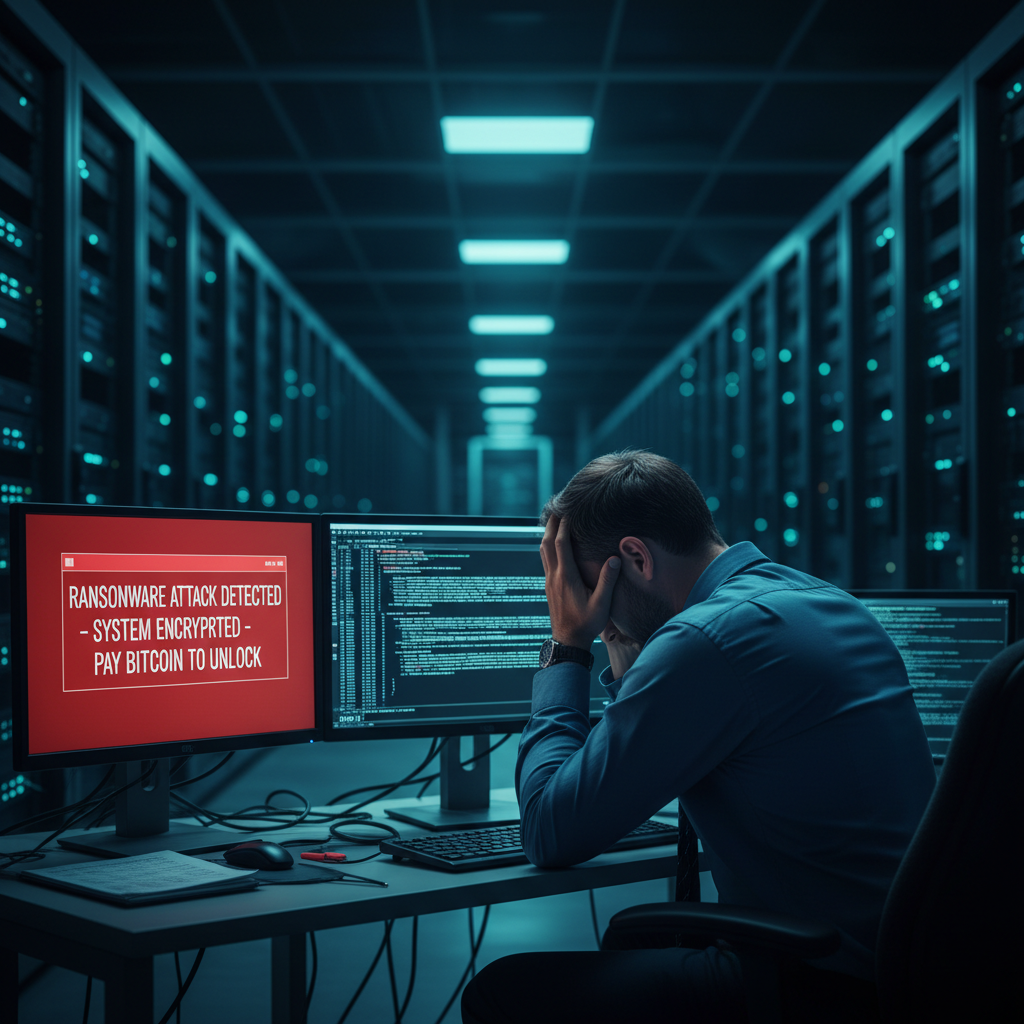 Stressed IT professional facing a ransomware alert in a data centre